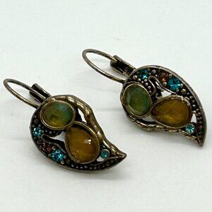 Bronze Leverback Earrings Green Amber Turquoise Colored Rhinestone Bohemian